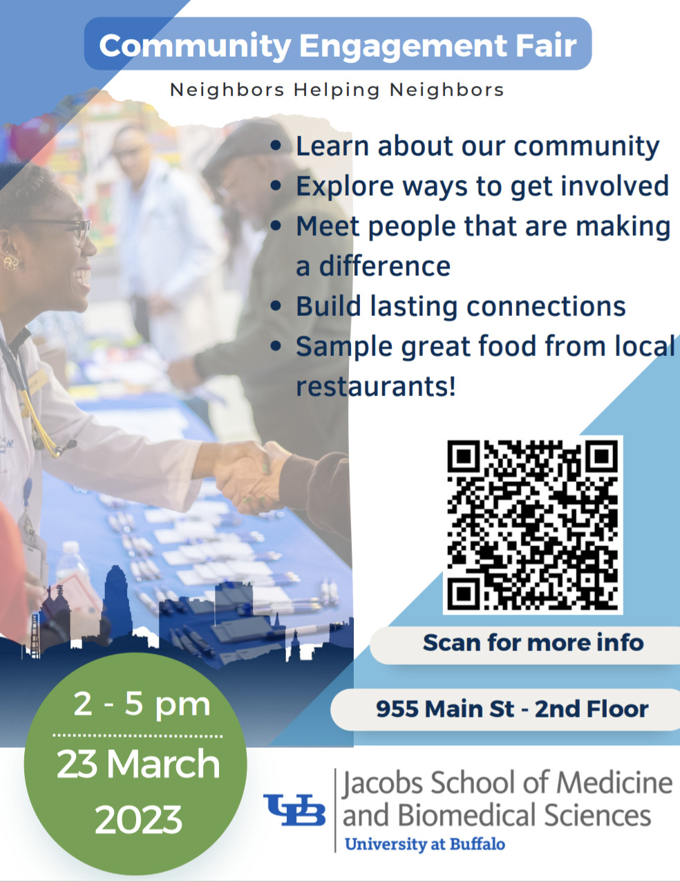 Join IIBUFF next Thursday, March 23, at the University at Buffalo’s 2023 Community Engagement Fair: “Neighbors Helping Neighbors,” hosted by the Jacobs School of Medicine and Biomedical Sciences.